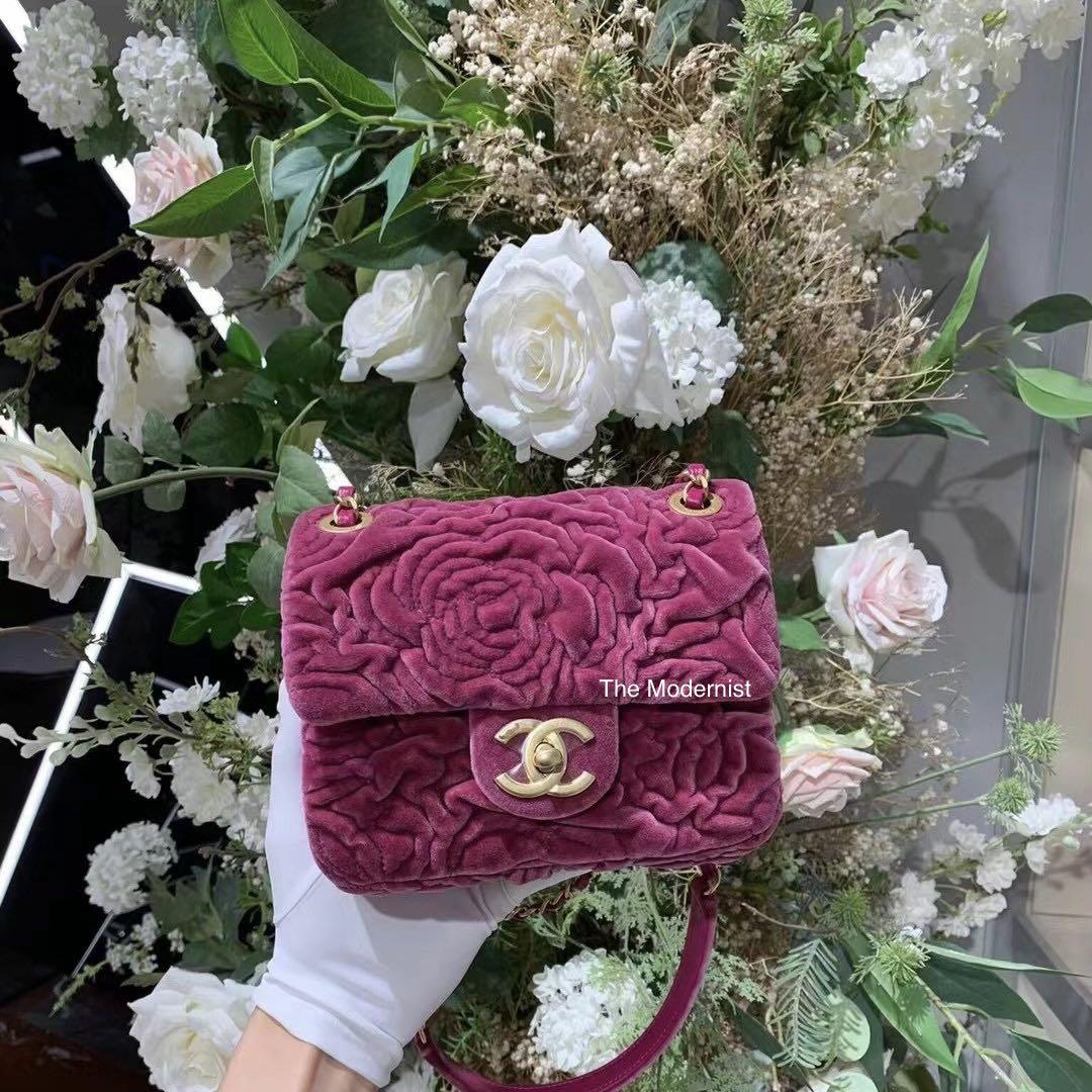Authentic Chanel 21A Velvet Camellia Square Mini Flap Bag