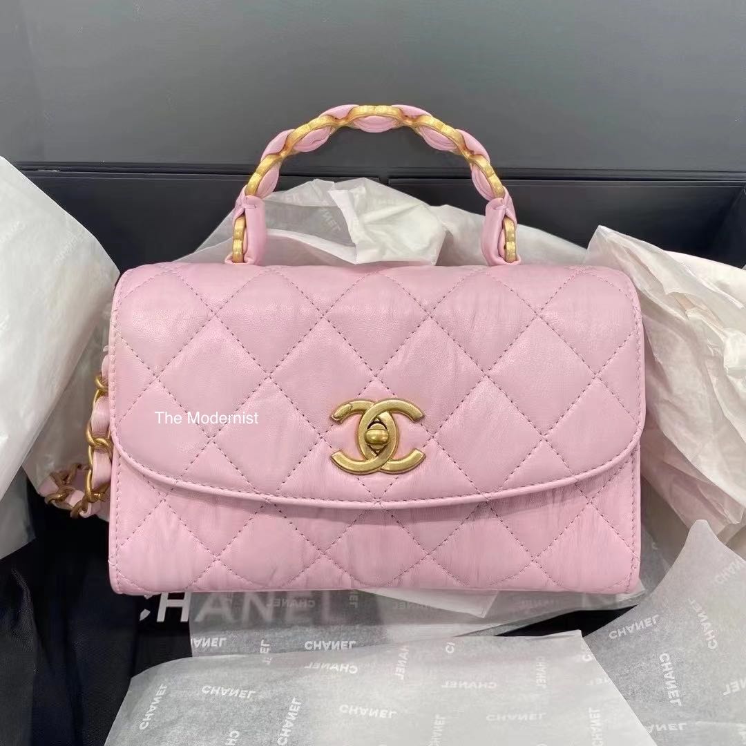 Chanel Mini Flap Bag with Top Handle Pink Crumpled Lambskin Aged