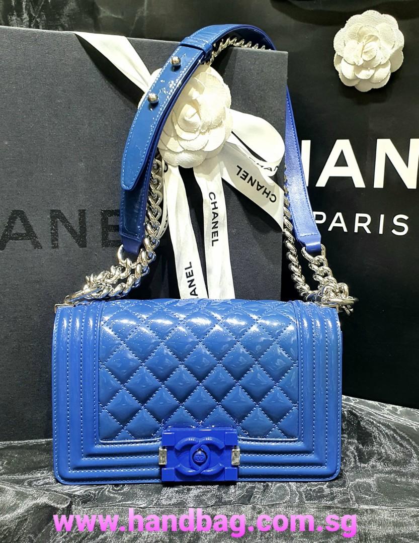Authentic Chanel Blue Patent Boy (Small), Luxury, Bags & Wallets