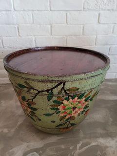 Authentic collectible vintage Chinese wooden barrel with hand painted flowers