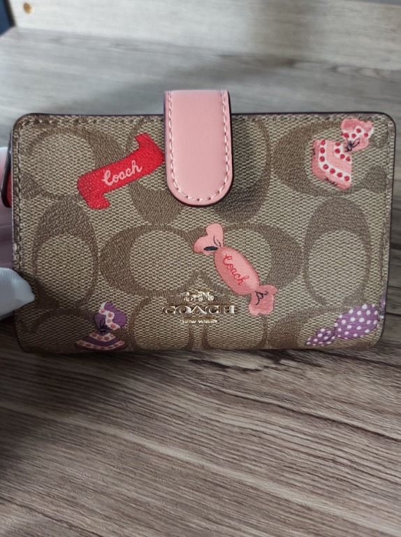Coach Medium Corner Zip Wallet in Signature Canvas Pink w Candy