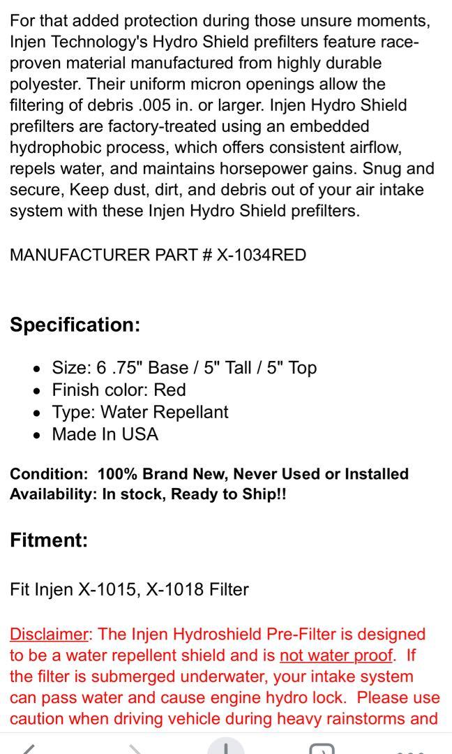 Injen Hydro Shield Pre Filter 6.5