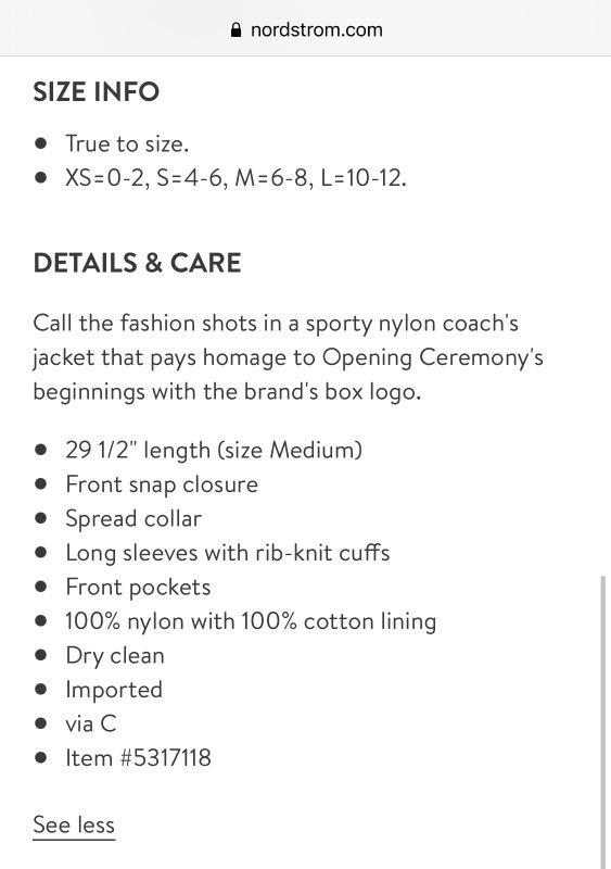 Opening Ceremony Black Coach Jacket Women s Fashion Coats