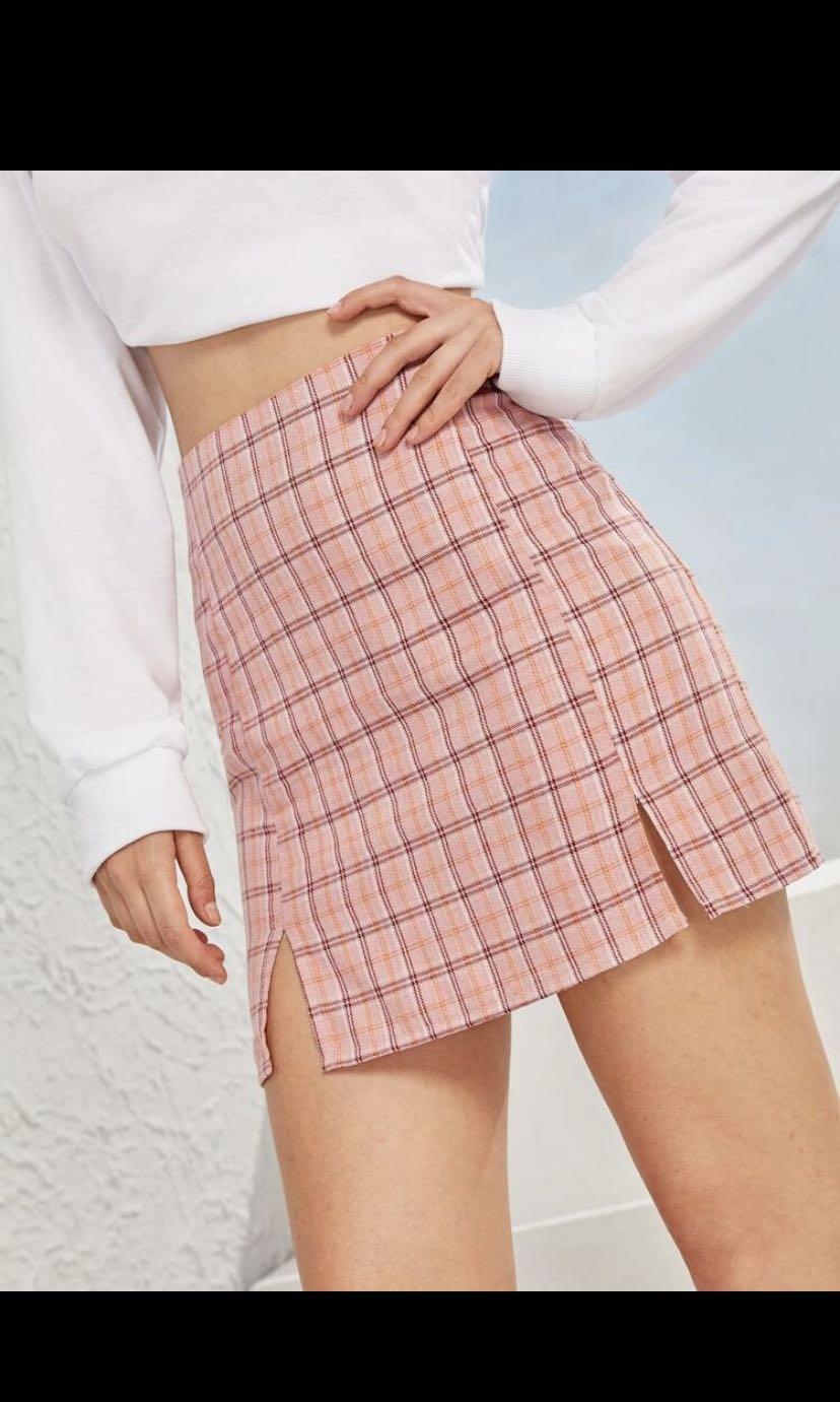 Pink plaid hotsell skirt shein