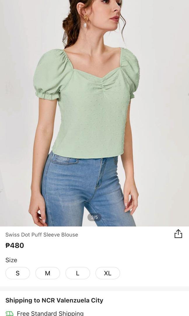 Shein Puff Sleeve Blouse Mint Green Women S Fashion Tops Blouses On Carousell