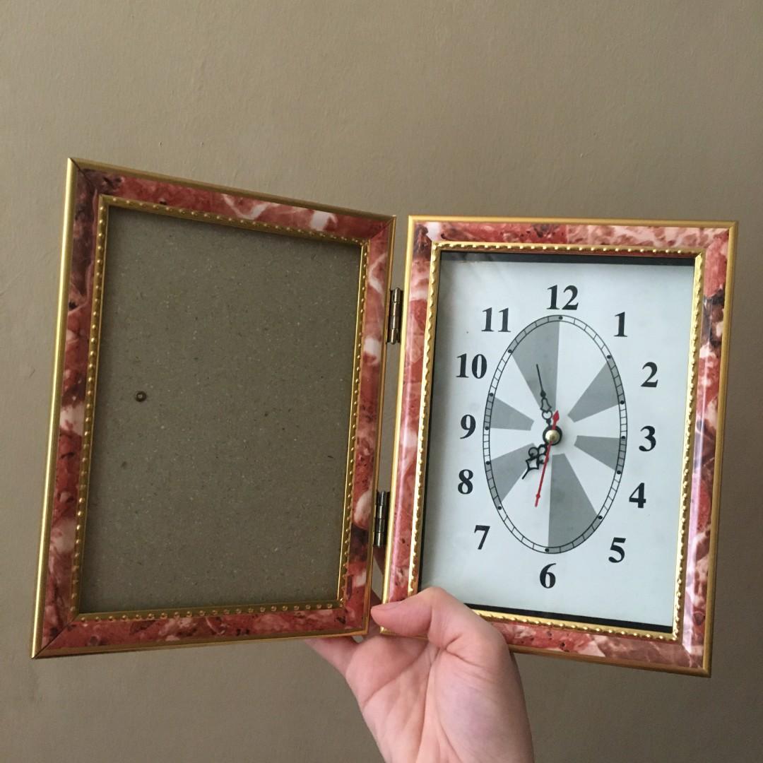 Vintage retro foldable rectangle table clock with frame (unused) (Category: Clocks) located in Las Pinas. Submitted by makamart (Listing ID 1092433086, Image 1). Description: PLEASE READ: - price is fixed - see photos for flaws - for shipping and meet up details, visit my profile and go to the "about" section🙂.