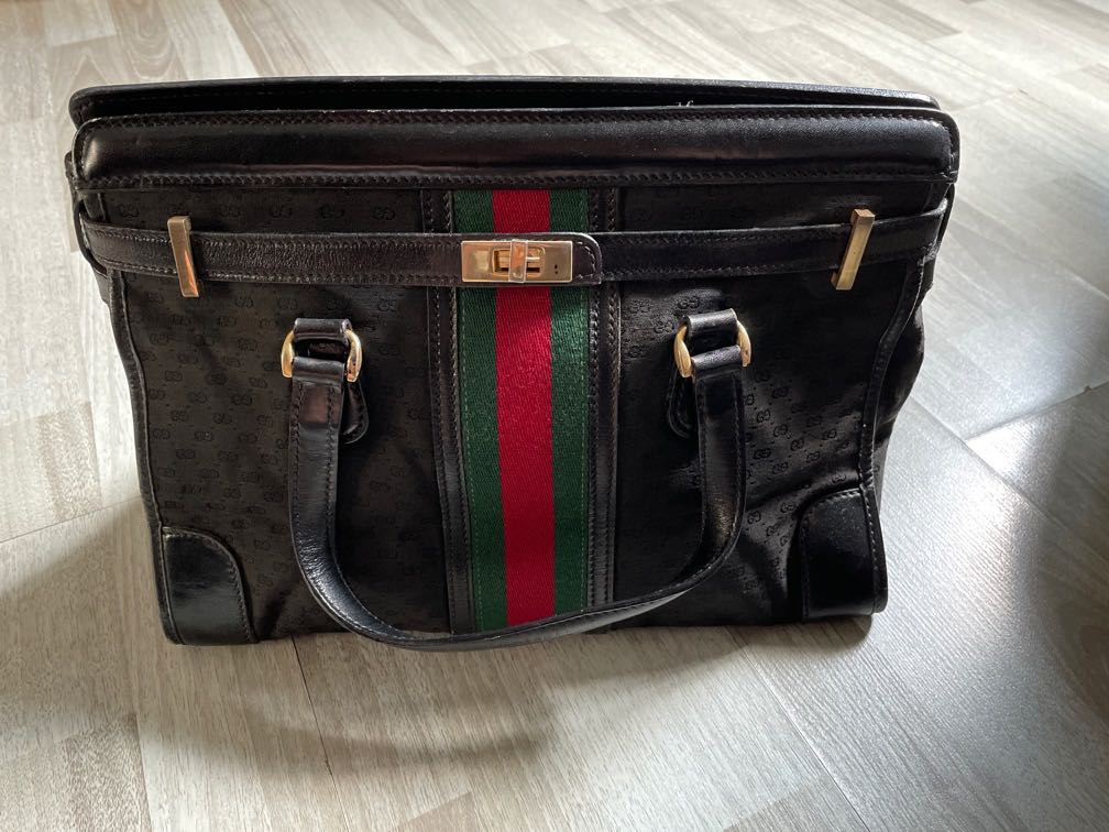 Vintage Gucci Brown Coated Canvas GG Monogram Doctor Bag Top Handle Handbag *Excellent*