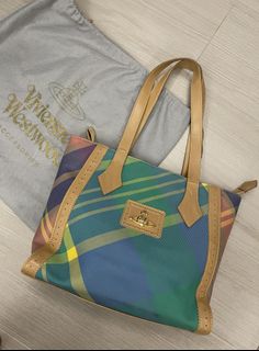 Vivienne Westwood made in Italy rare colorful classic plaid checkers pattern light weight leather bag with genuine leather trim shoulder handbag authentic original dust bag included63008924020483110
