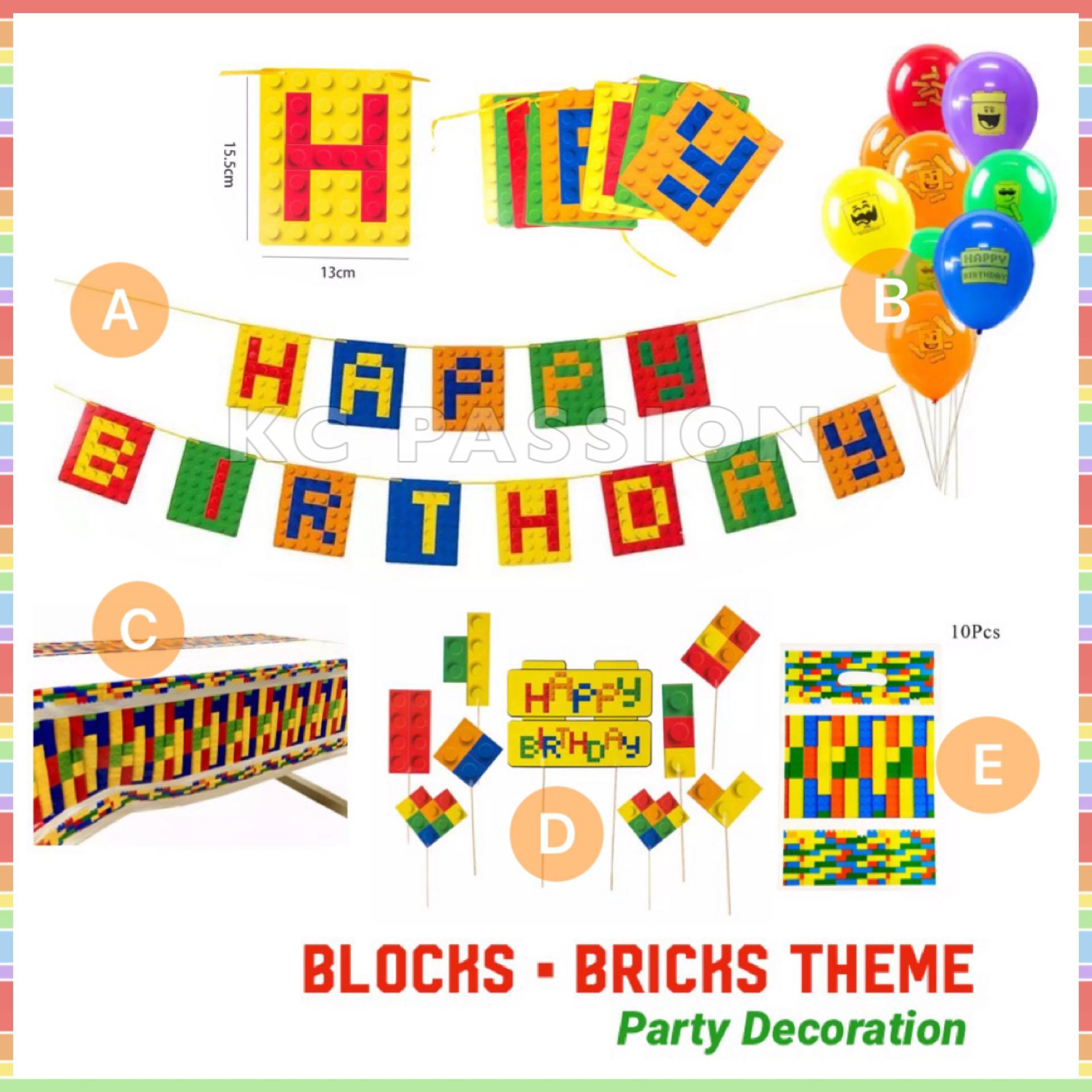 BUILDING BLOCKS LEGO BRICKS THEME PARTY NEEDS DECORATION Birthday Banner Bunting Flag Balloon Plastic Table Cover Cake Toppers