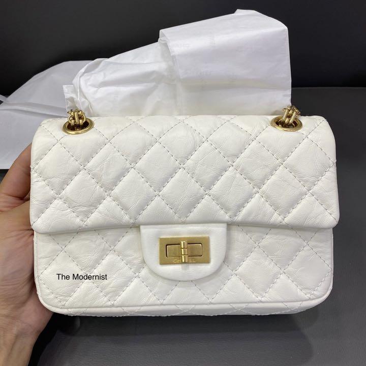 Authentic Chanel Mini 2.55 Reissue 224 White Aged Calfskin Gold