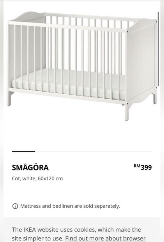 IKEA Smagora Cot & Vyssa Mattress, Babies & Kids, Baby Nursery & Kids