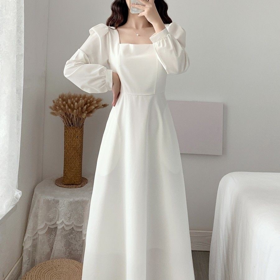 Long Sleeve Plain White Dress, Women's ...