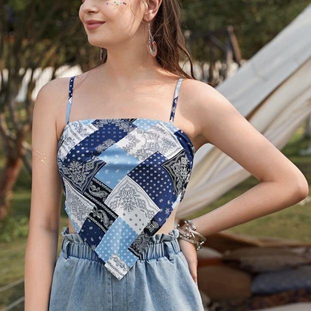 Patchwork Print Cami Top (Category: Sleeveless) located in Singapore. Submitted by lonelypeach (Listing ID 1092789316, Image 1). Description: Brand New in Bag Size XL but adjustable, self tie at the back, suits plus sized ladies. Straps adjustable Bust 104cm (adjustable as it’s self tie) Length of top: 55cm.