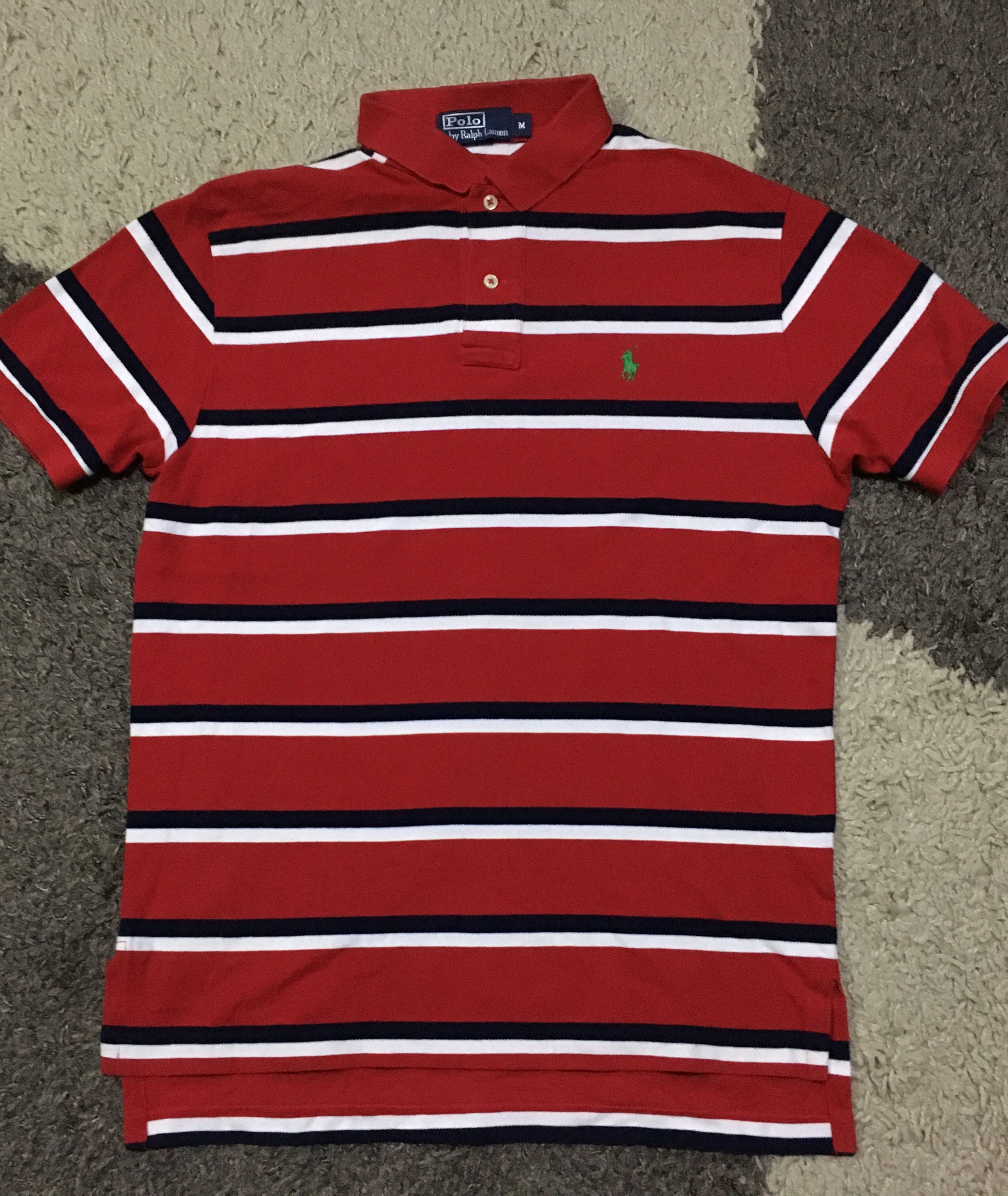 red white and black striped polo shirt