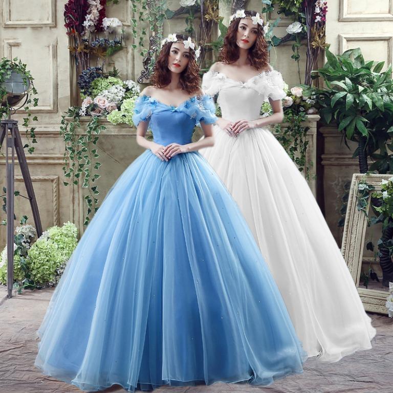 Pre order Cinderella blue white off shoulder wedding bridal evening prom dress gown RB2316