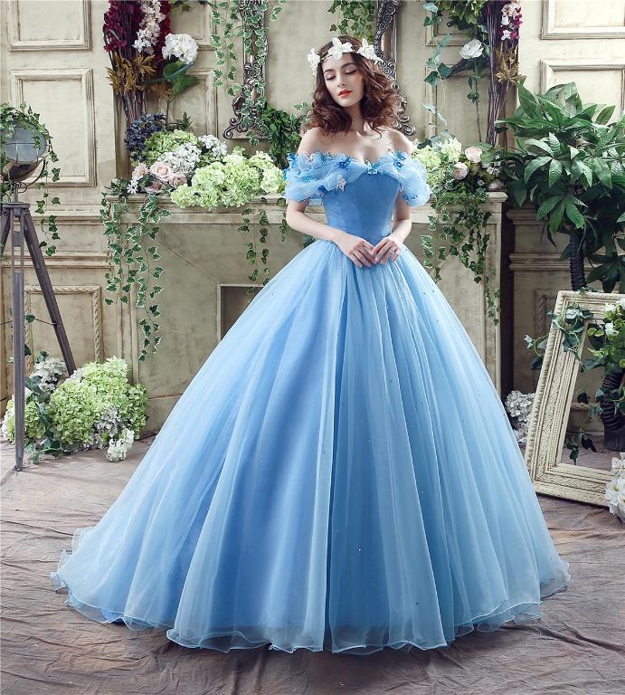 Pre order Cinderella blue white off shoulder wedding bridal evening prom dress gown RB2316