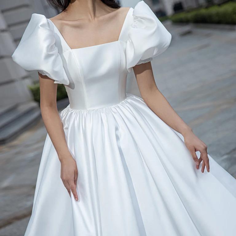 Pre order satin white short sleeve princess wedding prom evening dress gown RB2323