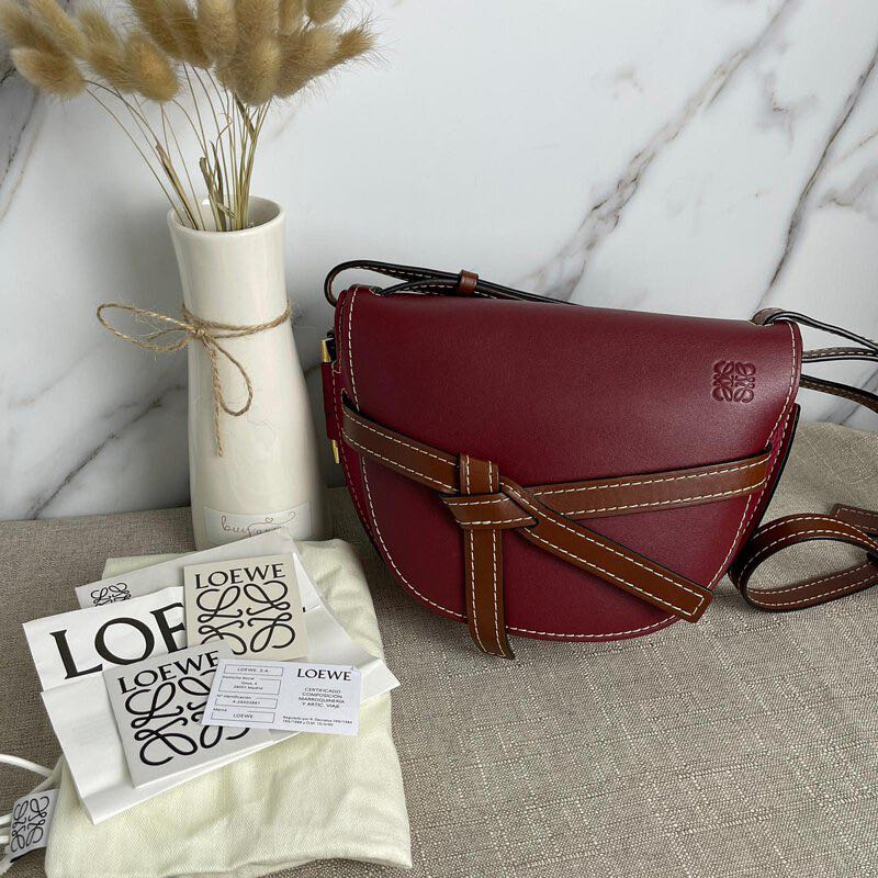 Pre-owned] Loewe gate bag small burgundy/ tan