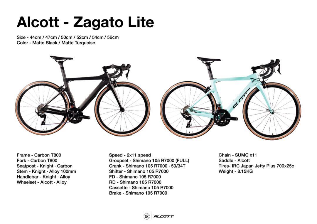 Alcott zagato lite carbon t800 come with full shimano 105 8. kg