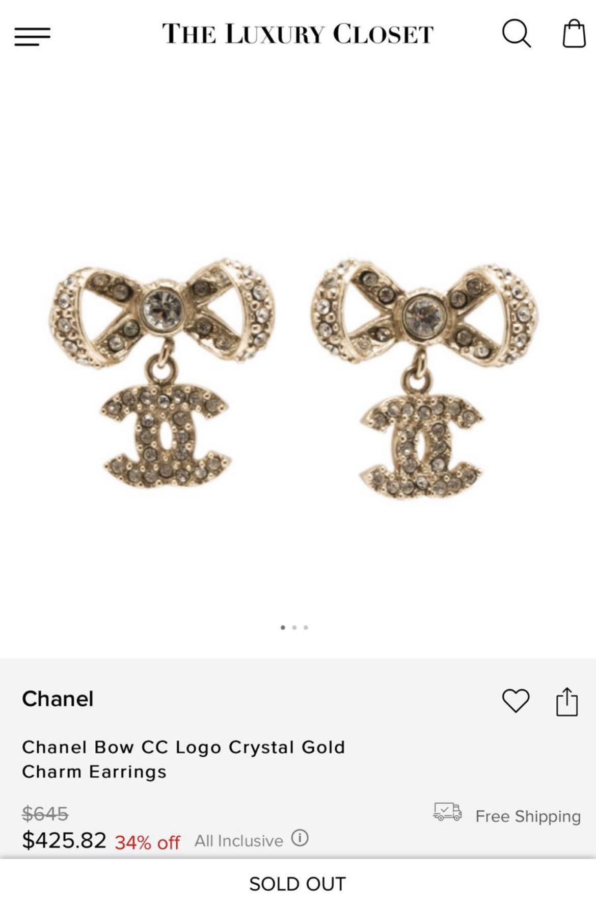 CHANEL Crystal CC Bow Drop Earrings Gold 317884