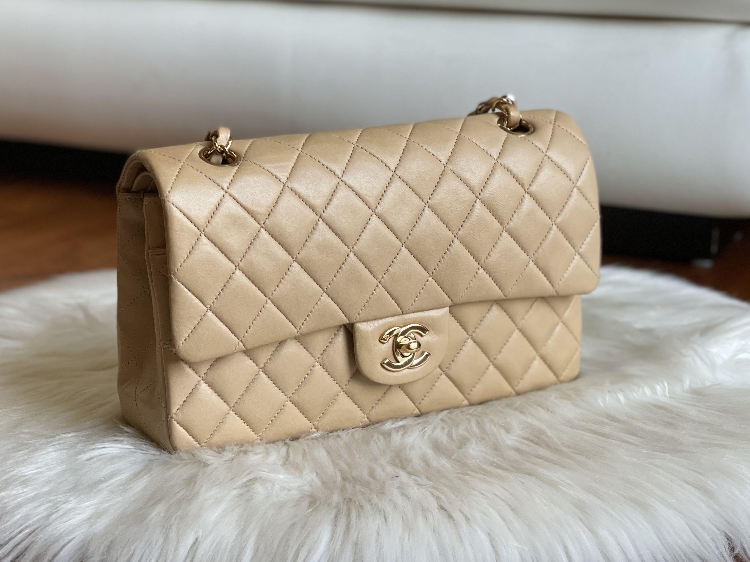 Chanel Medium Diana Flap, Distressed Patent Leather, Beige GHW