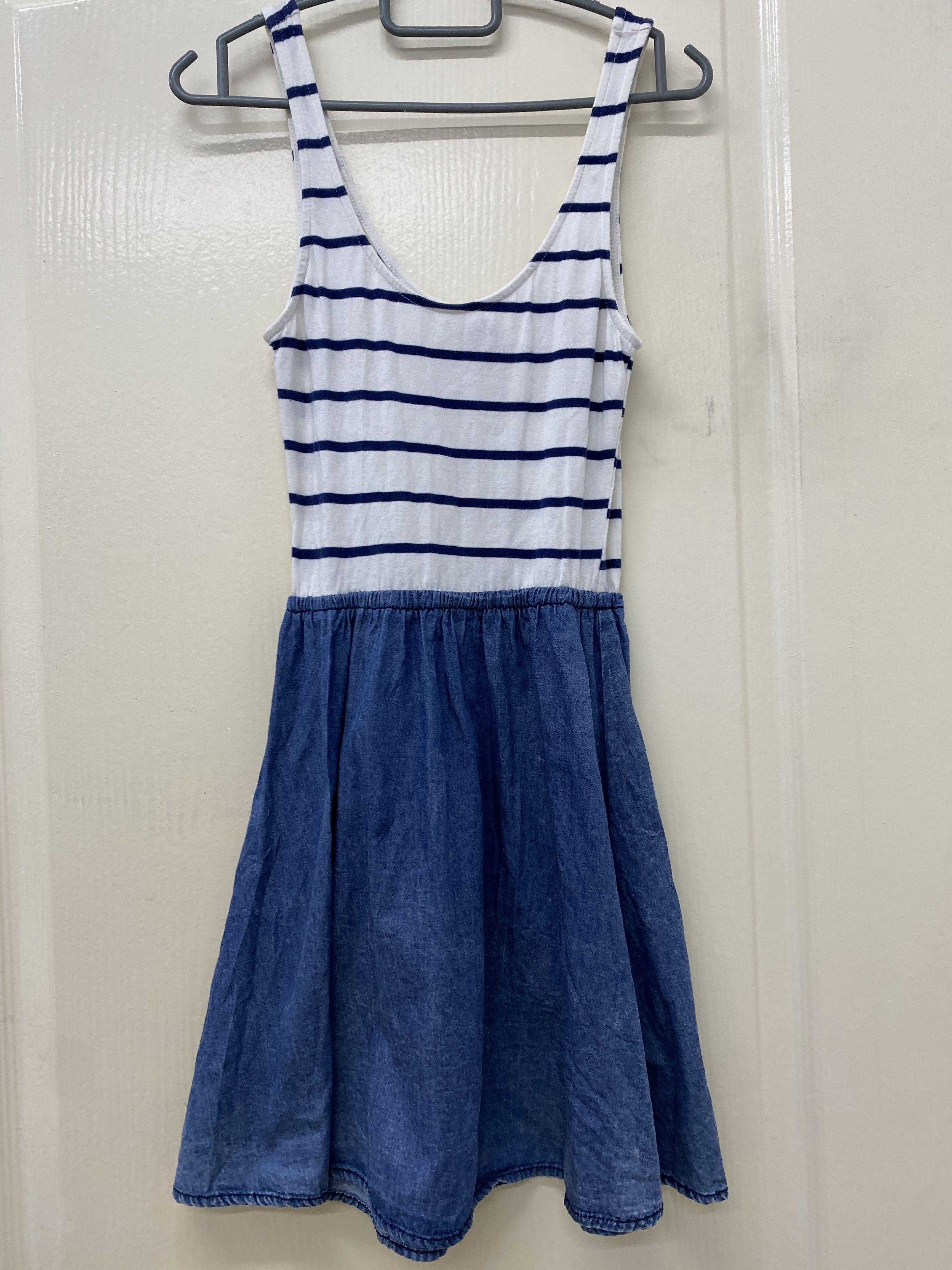 h&m striped skater dress H&M Divided Womens Navy & White Striped Skater Dress Size 8 Short Sleeve Casual