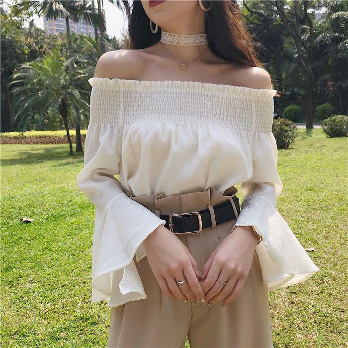 Japanese style off shoulder cream top Women s Fashion Tops