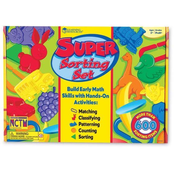 Learning Resources Super Sorting Set (Category: Educational & Learning Toys) located in Shah Alam. Submitted by cikciklynn (Listing ID 1092824997, Image 1). Description: The item still new & seal. What is included in the set? Sorting tray Cube with numbers 3 activity fields with an arrow 6 plates for sorting 36 dinosaur figures 36 transport figures 36 fruit figurines 72 animal figurines farm 100 geometric blocks 102 connecter paper clips 250 tran