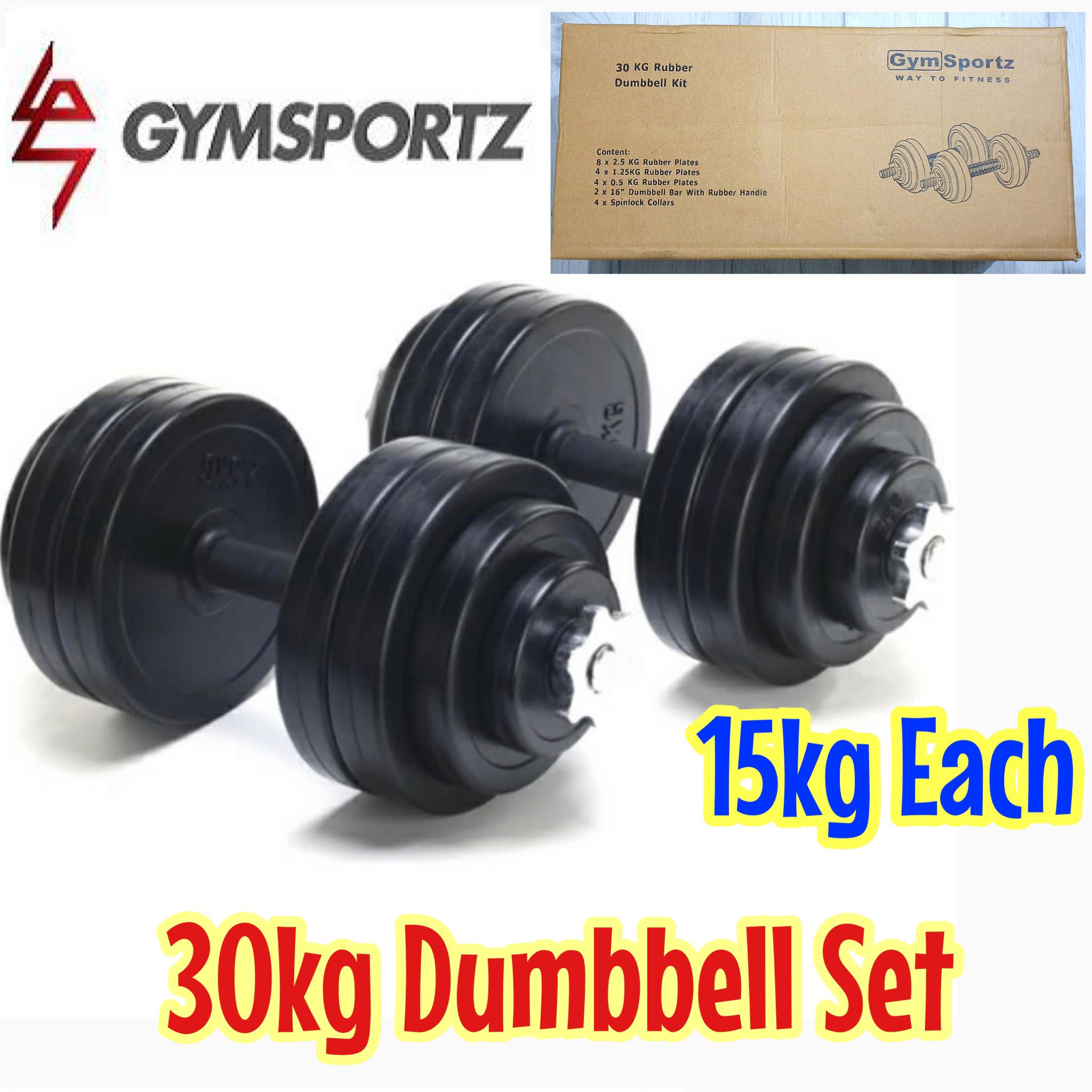 30kg Dumbbell Set 15kg Each Rubberised Dumbbell Barbell Bar