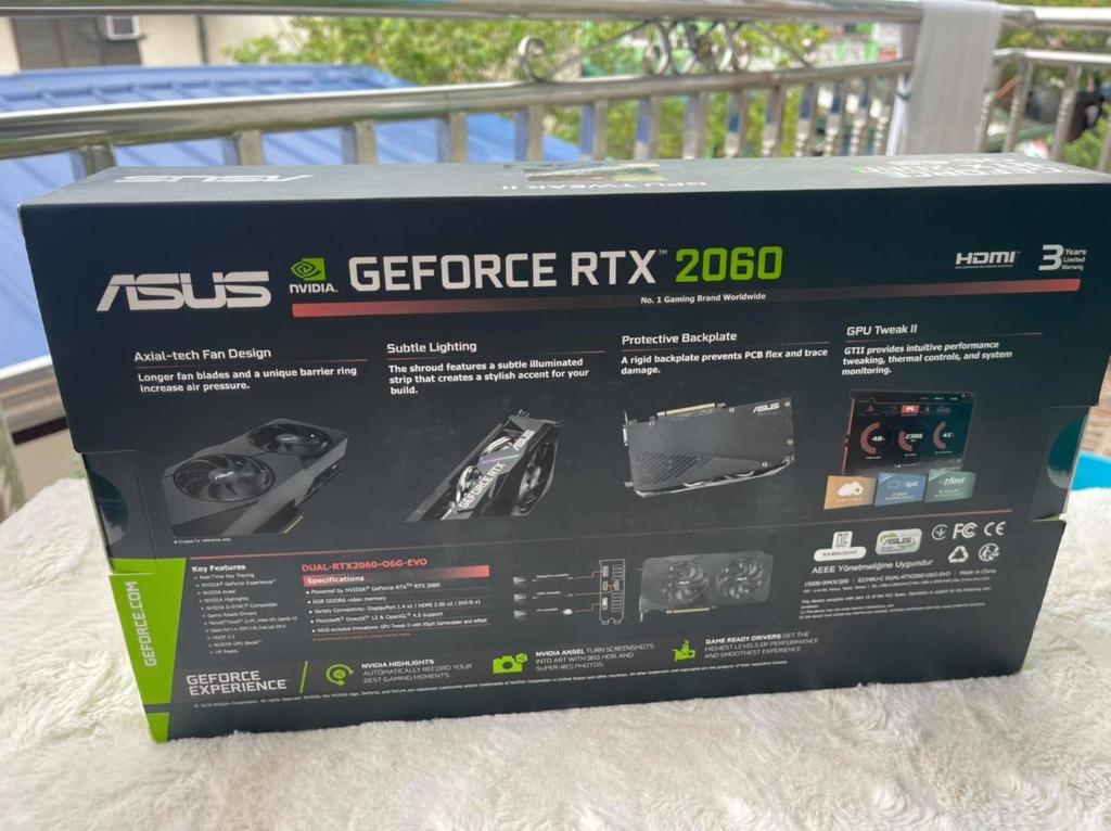ASUS dual rtx2060 evo 6gb (Category: Computer Parts) located in Taguig. Submitted by triplealuxury (Listing ID 1093114399, Image 2). Description: Asus DUAL-RTX2060-O6G-EVO 6GB GDDR6 192-bit Graphics Card Php.35,300 brand new and sealed With 1 year store warranty 7 days replacement For sure buyer only and 100 % decided to buy this COD/walk in transactions ok BDO/BPI/Gcash Thank u and Happy Shopping.