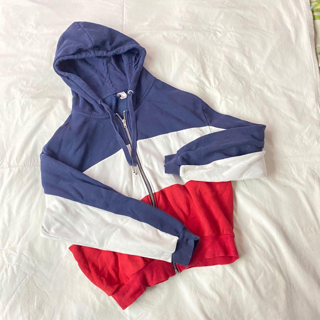 H M Hooded Jacket Red Blue and White Women s Fashion Coats Jackets and Outerwear on Carousell