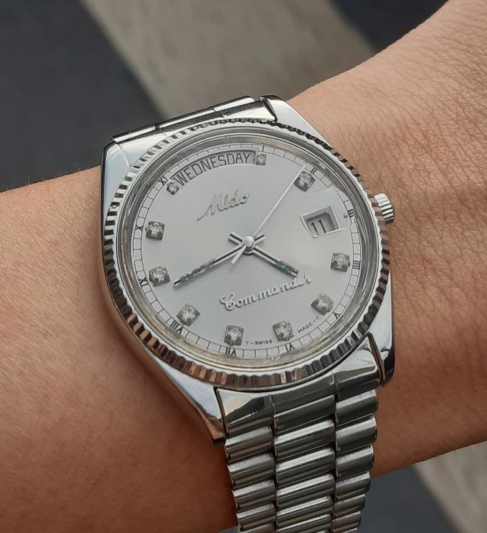Mido Commander Day Date Ref 8299 Diamond Index Stainless Steel Case
