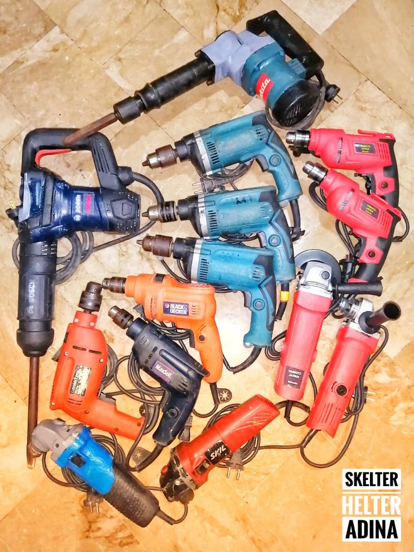 ORIGINAL GENUINE CLASSIC POWER / HAND TOOLS (Category: Construction Tools & Equipment) located in Quezon City. Submitted by hatebreeders (Listing ID 1093236208, Image 1). Description: • YAMATO HAND DRILL BRAND NEW - ₱900 • YAMATO ANGLE GRINDER BRAND NEW - ₱900 • SKIL, STANLEY ANGLE GRINDER - ₱1300 • MAKTEC, MAXSELL DRILL - ₱1300 • BLACK & DECKER HAMMER DRILL ₱1500 • MAKITA HAMMER DRILL - ₱1500 • MAKITA DEMO HAMMER - ₱4500 • BOSCH CHIPPING GUN - ₱