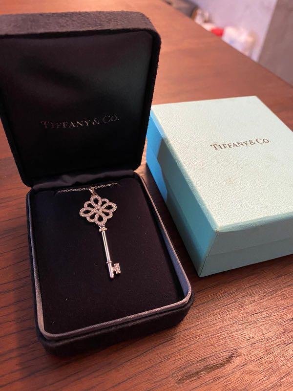 Pristine Authentic Tiffany Co White Gold with Diamond Knot Key Pendant with chain necklace