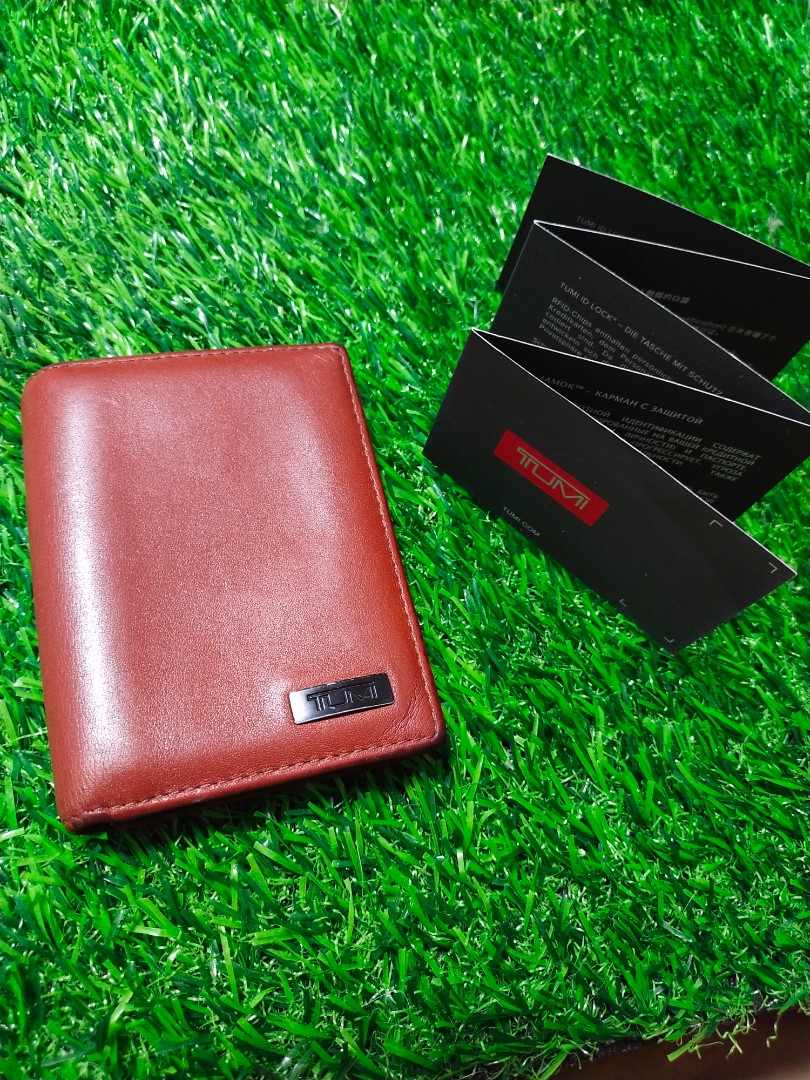 Tumi card holder wallet brown for men leather tumi id lock, Men's