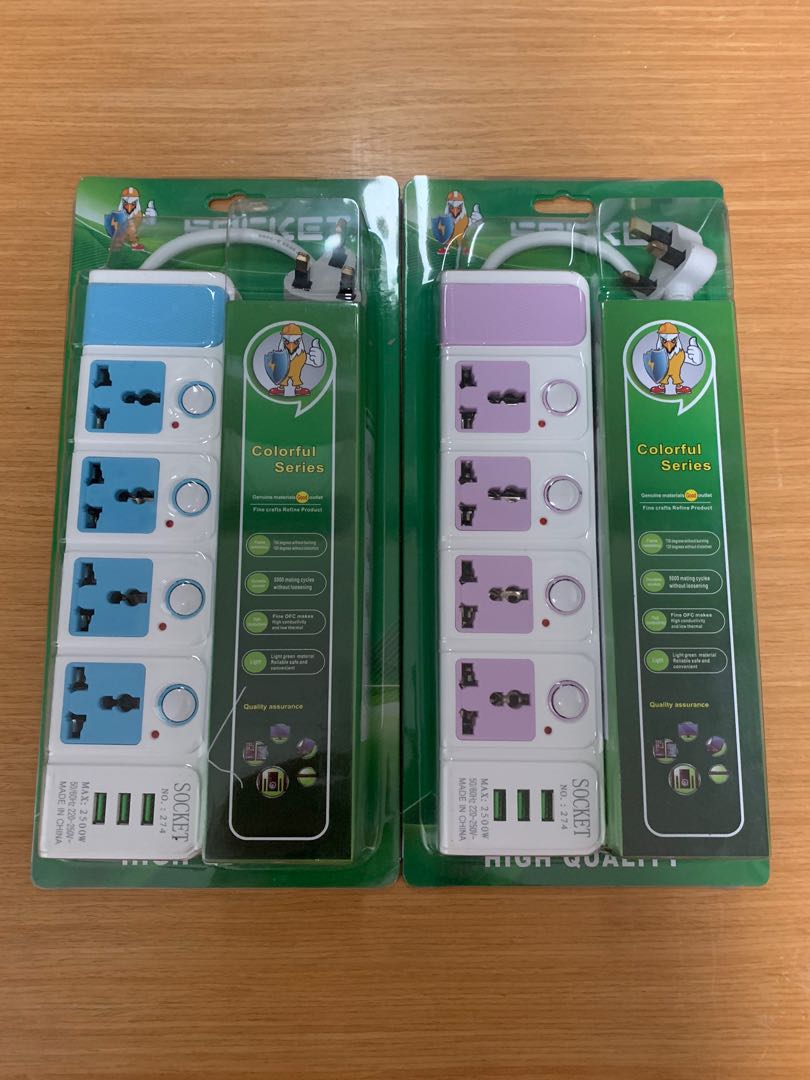 4 way universal socket with 3 USB ports ( 2 colours ) , TV & Home ...