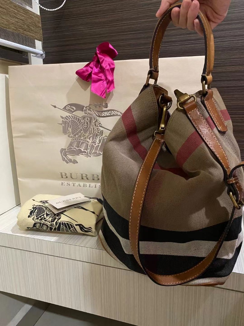 Burberry leather canvas bucket bag, Luxury, Bags & Wallets on Carousell