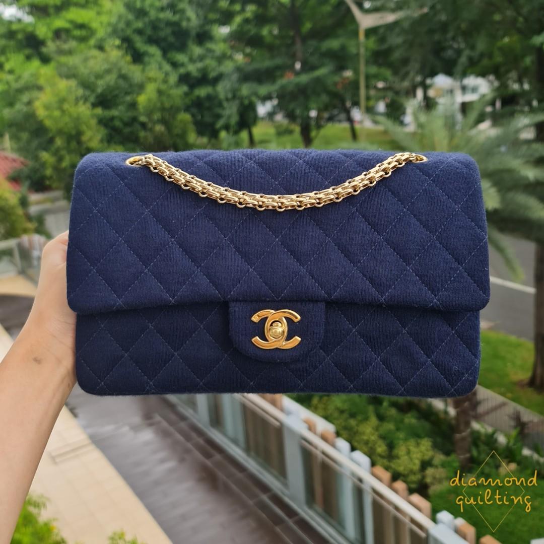 CHANEL BLUE JERSEY CLASSIC FLAP BAG VINTAGE 24K GOLD HARDWARE GHW MEDIUM,  Luxury, Bags & Wallets on Carousell
