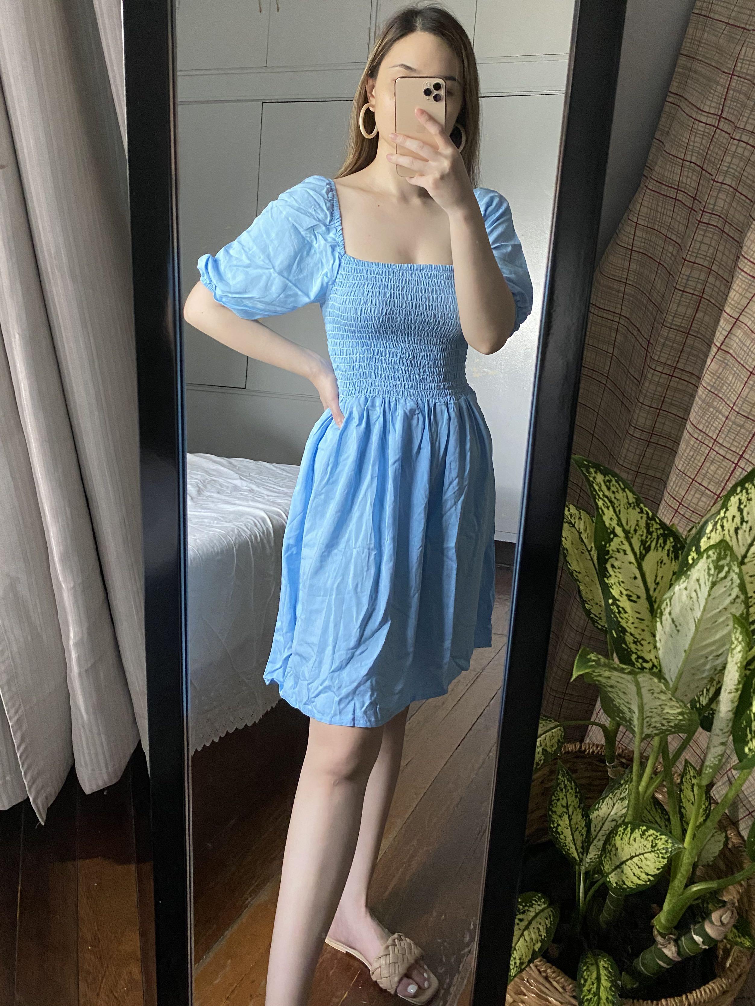 Puff smocked dress in powder blue 
