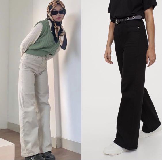 Wide twill trousers h\u0026m black, Fesyen 