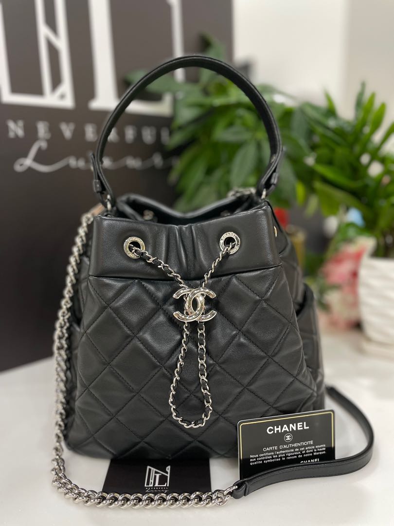 Chanel Bucket Drawstring Bag Black Lambskin Leather in SHW, Luxury, Bags &  Wallets on Carousell
