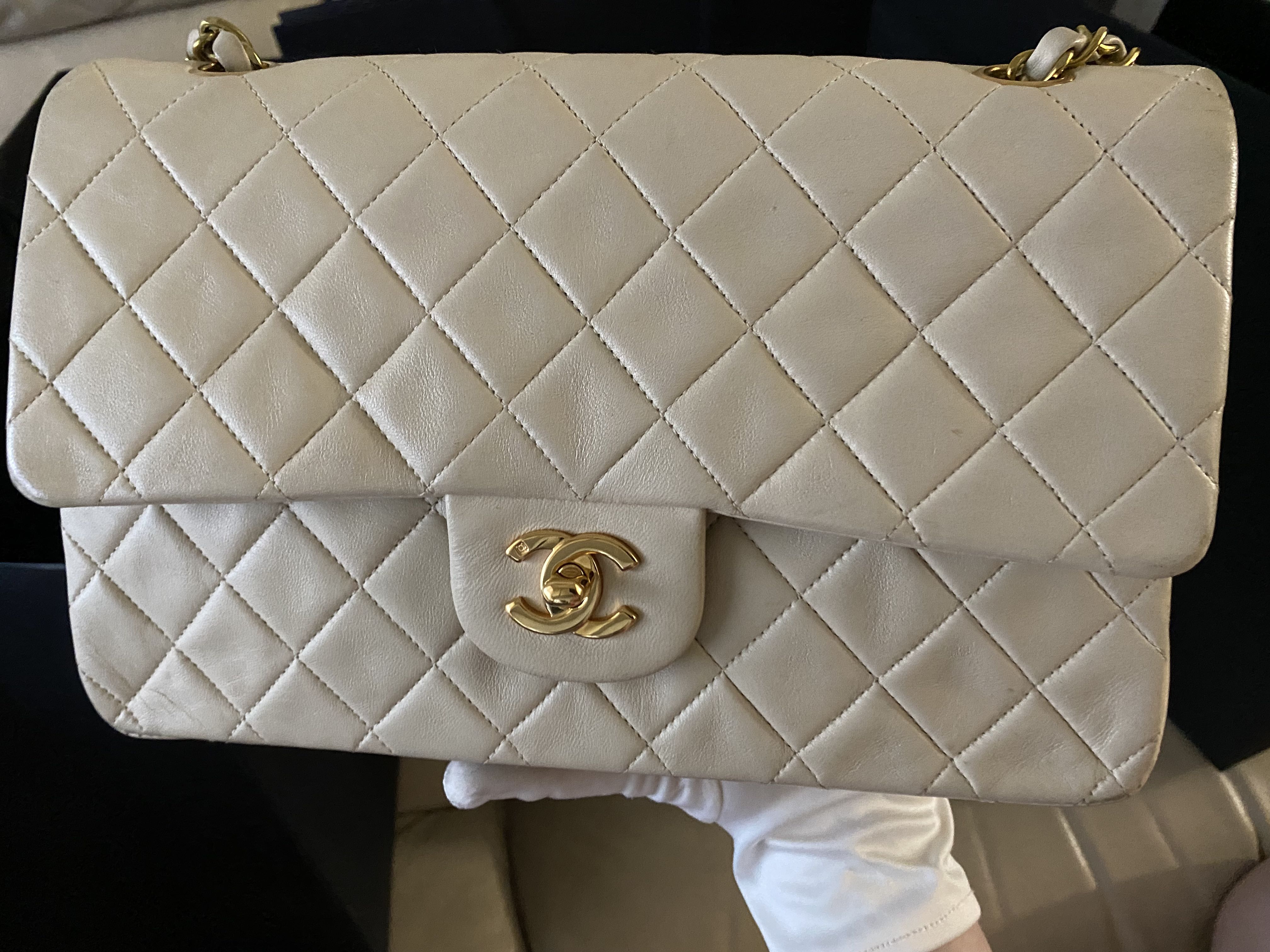 Chanel classic medium flap vintage 24K gold light beige ivory lamb skin  Beautiful!, Luxury, Bags & Wallets on Carousell