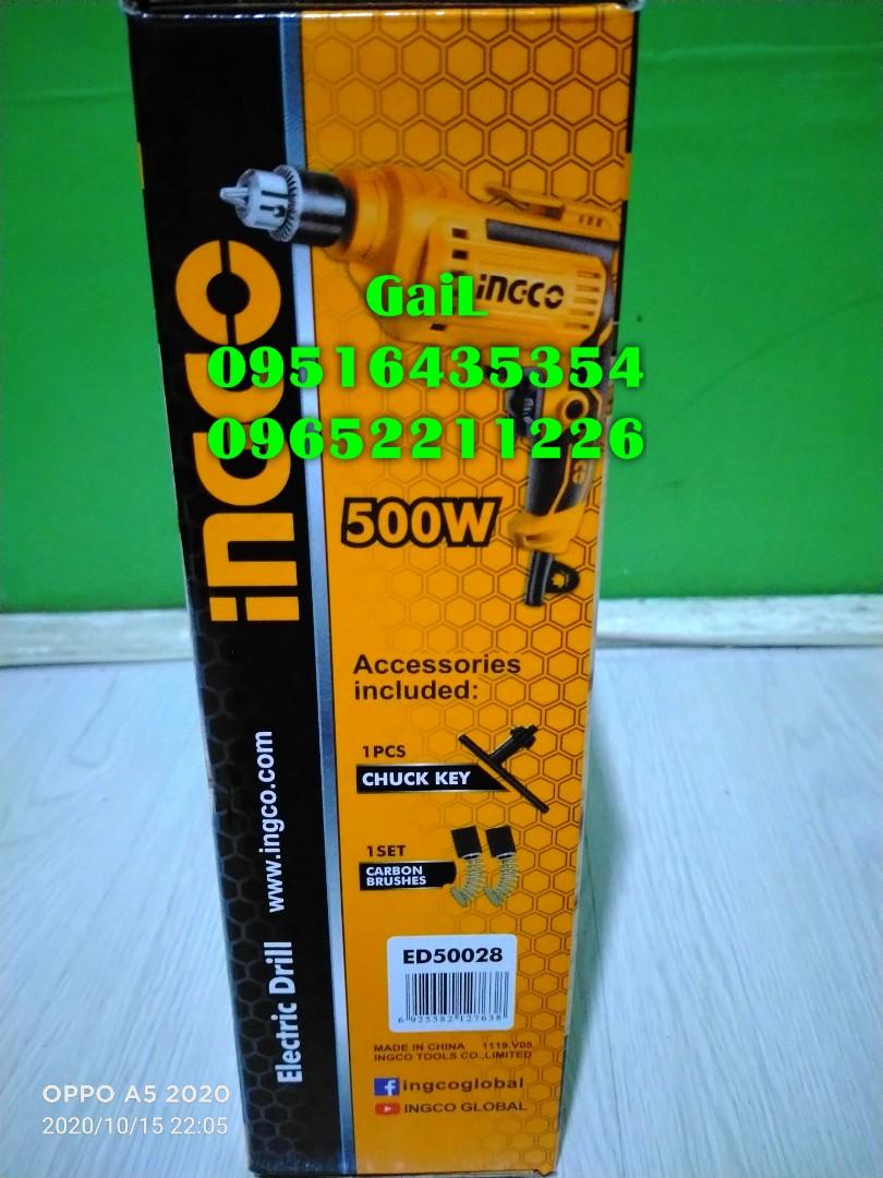 INGCO 500W, 10mm Electric Drill (Category: Construction Tools & Equipment) located in Caloocan City. Submitted by abieghail (Listing ID 1099909768, Image 2). Description: INGCO ED50028 Variable Speed Electric Drill / Hand Drill Price : ₱1,699 - Variable Speed - Forward/Reverse Switch Model: ED50028 Voltage: 220-240V~50/60Hz Input power: 500W No-Load Speed: 0-3300rpm Chuck Capacity: 1.0-10mm - Manual and warranty card provided Meet-up @Nearby area