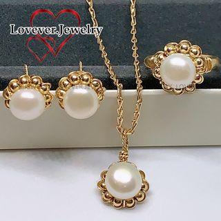 LOVEVER HIGH QUALITY US 10K 14/20 GOLD FRESH WATER PEARL JEWELRY SET （NECKLACE,RING AND EARRING)