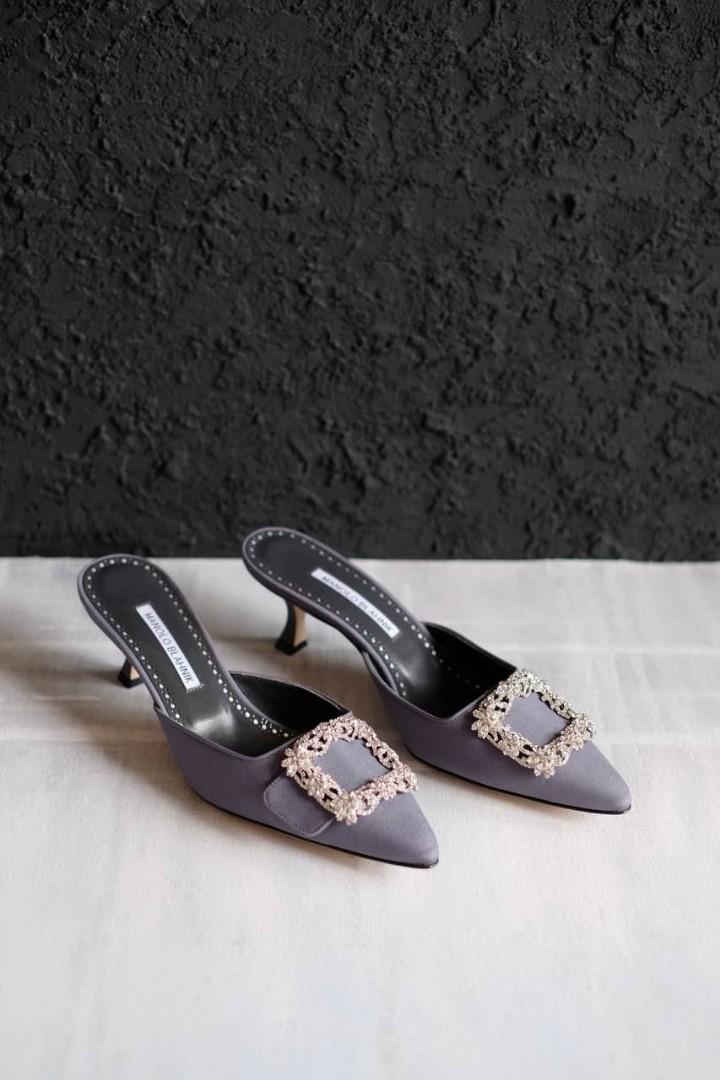 Manolo Blahnik Maysale 5cm Heels in Navy Grey w/ White Crystal