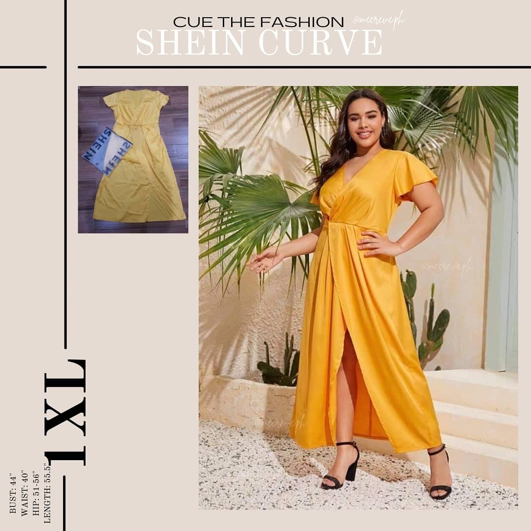 Shein Curve Dress Womens 1XL Plus Size Yellow Floral Ruched Ruffle Hem Midi