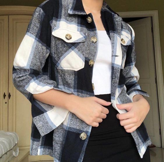 Shein Blue Flannel, Fesyen Wanita 
