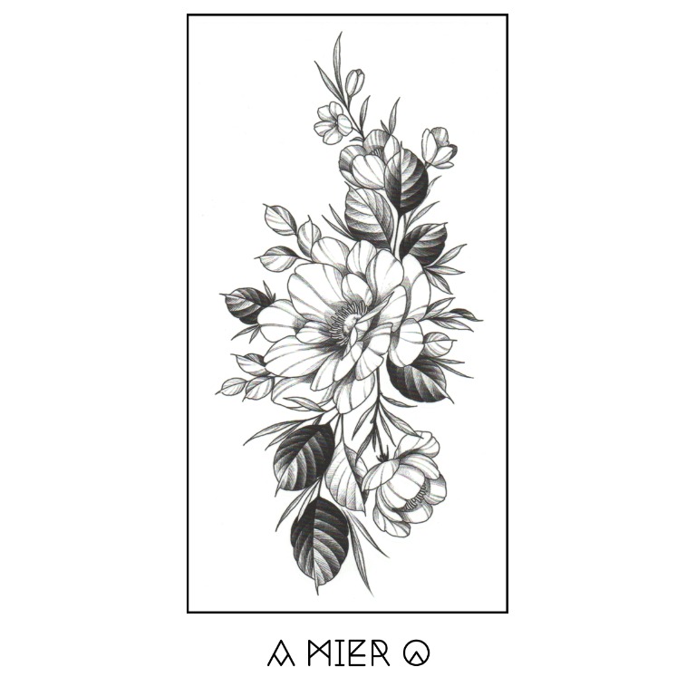 Temporary Tattoo Black Ink Flower Tattoo (No.53), Women's Fashion