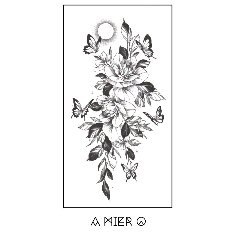 Temporary Tattoo Black Ink Flower Tattoo (No.62), Women's Fashion