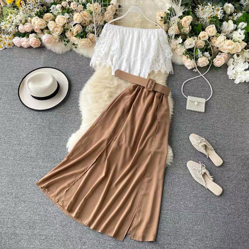 White Lace Top Beige Skirt SET